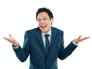Portrait, shrug and transparent with a business man isolated on a PNG background to gesture whatever. Question, confused or mistake with a male asian employee shrugging his shoulders feeling carefree