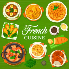 French cuisine menu cover for restaurant food meals, vector France traditional gourmet dishes. French cuisine food croissant and apple tart pastry dessert, national onion soup and frog legs baguette