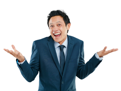 Portrait, shrug and transparent with a business man isolated on a PNG background to gesture whatever. Question, confused or mistake with a male asian employee shrugging his shoulders feeling carefree