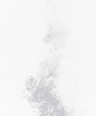 Grey smoke, white backdrop and png background with no people and fog in air. Smoking, smog swirl and isolated with smoker art from cigarette or pollution with graphic space for incense creativity