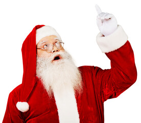 Portrait of smiling santa claus gesturing look up on  background