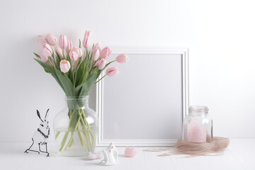 Greeting card with gi/imagineSpring tulip flower frame, Birthday,Cherry blossom branches in a glass vase on white with writing space, spring bouquet, room decor, Elegant business card mockup, Mother's