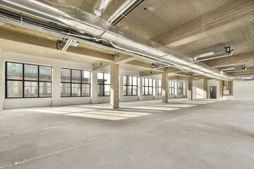 an empty office space with lots windows and light coming in from the sun shining through the window panoray