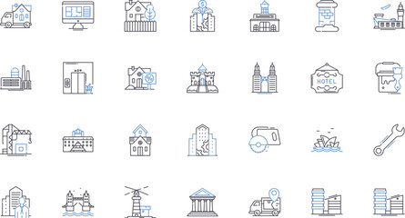 Industrial layout line icons collection. Machinery, Assembly, Production, Efficiency, Design, Robotics, Automation vector and linear illustration. Manufacturing,Logistics,Complex outline signs set