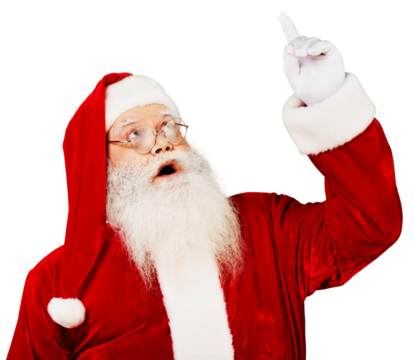 Portrait of smiling santa claus gesturing look up on  background