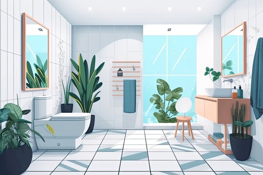 modern bathroom with plants, sink, mirror and toilet. Generative AI