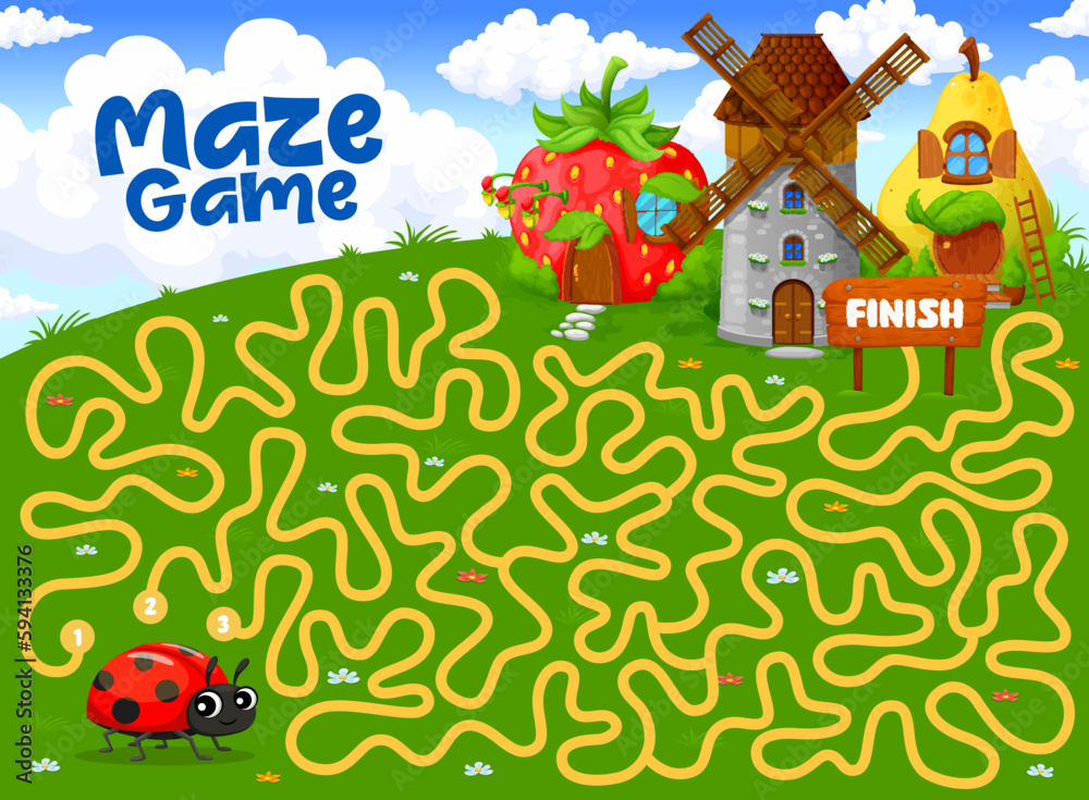 Poster labyrinth maze game help to ladybug to find her cartoon fairytale house building. kids vector boardg