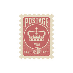 Antique postcard, retro postage stamp and vintage mail with royal crown. Mail delivery antique mark, post envelope, letter or correspondence vector historic postal stamp with king or queen crown