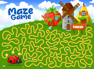 Labyrinth maze game help to ladybug to find her cartoon fairytale house building. Kids vector boardgame worksheet with funny lady-cow searching right way on tangled path. Educational children riddle