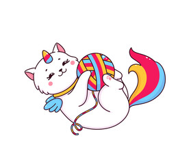 Cartoon cute caticorn character with clew. Vector unicorn cat, cute kitty pet animal personage with magic rainbow horn, tail and angel wings. Funny kawaii caticorn cat playing with thread ball