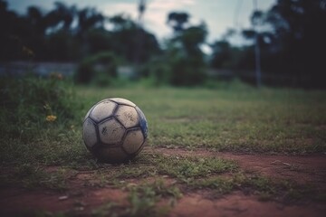 Fototapeta na wymiar soccer ball on a vibrant green soccer field. Generative AI