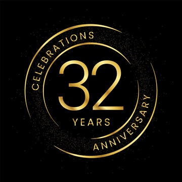 32th anniversary, golden anniversary with a circle, line, and glitter on a black background.