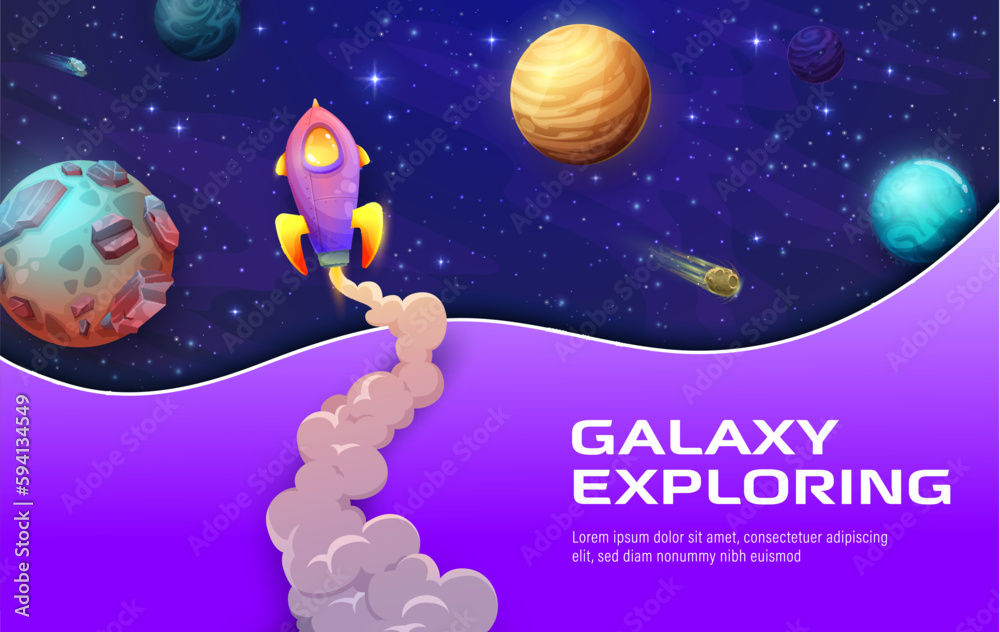 Poster Space landing page. 3d paper cut galaxy landscape with rocket and space planets website background vector template for business startup. Astronomy science web banner with layered papercut starry sky