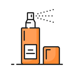 Perfume or toilet water skin care line icon. Deodorant or essential oil bottle with sprayer, cosmetics moisturizer, woman face and hands skincare, dermatology product outline vector icon or pictogram
