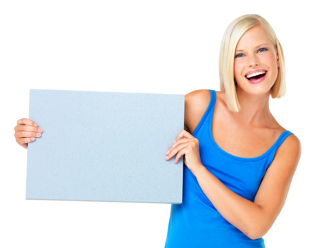 Portrait, happy and woman with mockup board isolated on a transparent png background. Smile, blank poster and person with product placement, advertising banner or marketing, promotion and copy space.