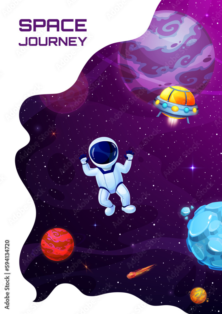 Poster space landing page, cartoon astronaut in outer space, galaxy planets and ufo, vector website backgro