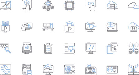 Online hardware line icons collection. Technology, Devices, Hardware, Gadgets, Compnts, Peripherals, Accessories vector and linear illustration. Connectivity,Nerking,Storage outline signs set