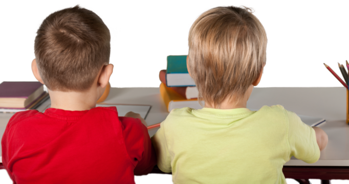 Two School Children in a Class, Back View