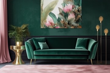 cozy living room with a green couch and a colorful painting. Generative AI