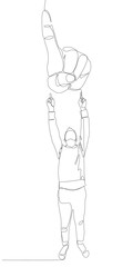 One continuous line of Man pointing with finger at a pointind hand. Thin Line Illustration vector concept. Contour Drawing Creative ideas.