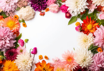 Obraz premium Beautiful flower frame composition with space for text, Garden flowers on white background, Birthday, Mother's Day, Generative AI