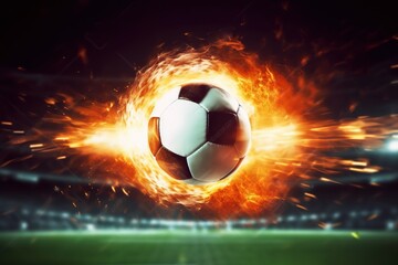 Fototapeta premium Football ball on fire, Burning classic soccer ball at the soccer stadium background, Generative AI