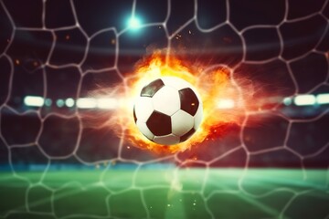 Closeup of a fiery soccer ball kicked with power at the soccer stadium scoring a goal background. Soccer Football Game concept, Generative AI