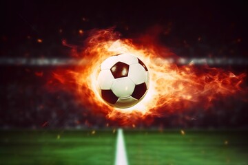 Naklejka premium Football ball on fire, Burning classic soccer ball at the soccer stadium background, Generative AI
