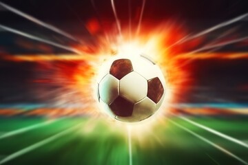 Naklejka premium Football ball on fire, Burning classic soccer ball at the soccer stadium background, Generative AI