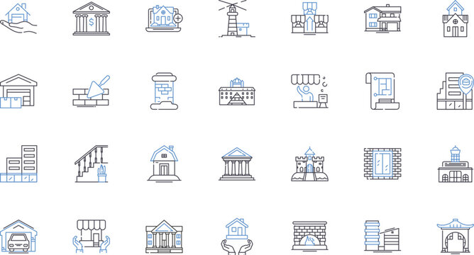 Estate agency line icons collection. Property, Home, Invest, Sell, Buy, Listings, Realtor vector and linear illustration. Asset,Broker,Listing outline signs set