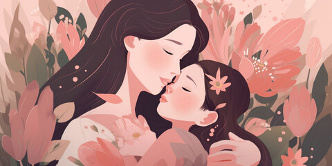 Obraz na płótnie Canvas Mother's day illustration of mom and little daughter, Generative AI