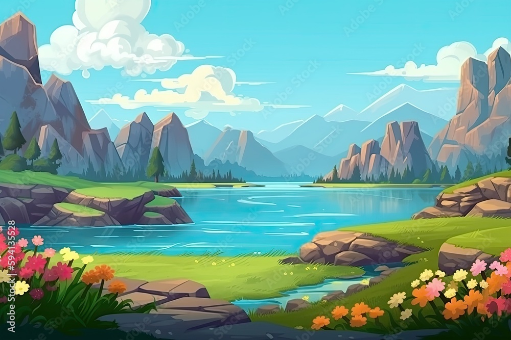 Wall mural serene mountain landscape with a reflective lake. Generative AI