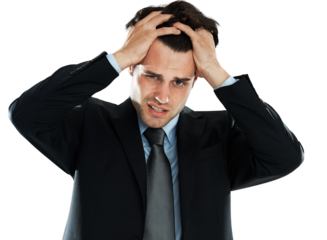 Tired, stress and portrait of a businessman with burnout isolated on a transparent png background. Anxiety, depression and angry male employee pulling hair out after bad news, fatigue or crisis