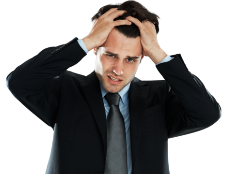 Tired, stress and portrait of a businessman with burnout isolated on a transparent png background. Anxiety, depression and angry male employee pulling hair out after bad news, fatigue or crisis