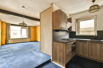 a kitchen area with blue carpet and wooden cabinetd cabinets in the corner, there is an open door leading to another room