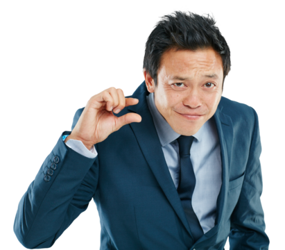 Portrait, hand or small with a business Asian man isolated on a transparent png background to measure size. Gesture, little and a male employee giving a review or feedback with a finger scale