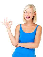 OK hand, portrait and happy woman isolated on a transparent, png background success and agreement wink. Like, yes and okay sign or emoji and face of young person or model for winning or goals
