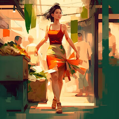 oil painting of a woman wearing orange dress walk under sun light in market street, ordinary everyday light digital painting,  generative ai