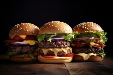 Burger combo. Three different types of hamburgers. Generative AI