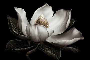 Plakat Magnolia Flower Isolated, Vintage Painting, White Magnolia Drawing Imitation, Luxurious Spring Flower, Abstract illustration on black background, realistic, accurate recource. Generative AI