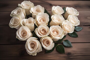beautiful bouquet of white roses on a rustic wooden table. Generative AI