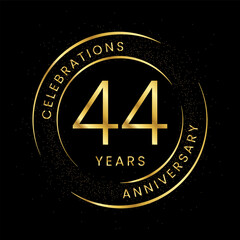 44th anniversary, golden anniversary with a circle, line, and glitter on a black background.