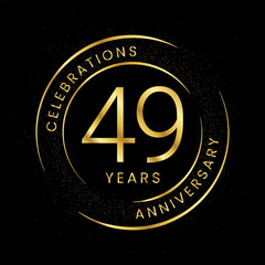 49th anniversary, golden anniversary with a circle, line, and glitter on a black background.