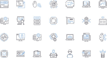 Web app line icons collection. Accessibility, Agility, Analytics, API, Automation, Collaboration, Comprehensibility vector and linear illustration. Connectivity,Customization,Dashboard outline signs