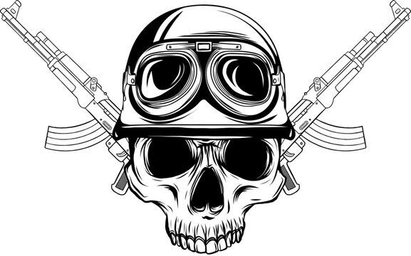Vintage monochrome soldier skull in helmet and crossed machine guns isolated vector illustration