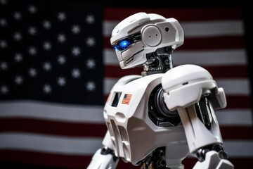A robot with artificial intelligence on neural networks on a blurred background of the US flag. AI generated