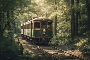 Train rides in a forest area, retro style. Vintage steam locomotive. AI generated, human enhanced.