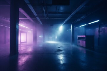 Fototapeta na wymiar Mist Foggy Smoke Dark Night Club Dance Stage Studio Neon Glowing Blue Purple Glare Futuristic Retro Sci Fi Garage Concrete Cyber Empty 3D Rendering. Generative AI