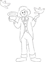 マジックをするピエロのイラスト　モノクロ線画