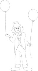 風船を持ったピエロのイラスト　モノクロ線画